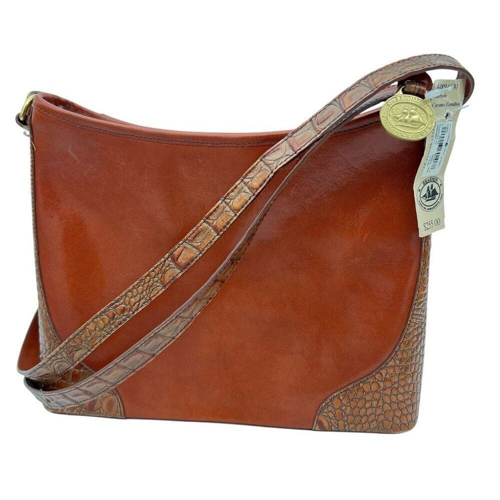 Vintage Brahmin Women's Rochelle Croc Embossed Leather Crossbody Bag Caramel